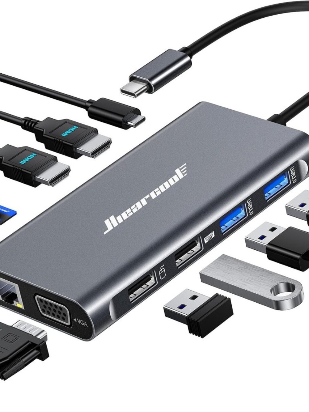 Hiearcool 11-in-1 USB-C Docking Station with HDMI, VGA & Ethernet – Grey